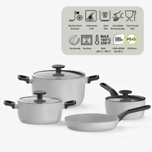 Berghoff Glints Nonstick Ceramic Cookware Set 7-Piece, PFAS-Free Grey