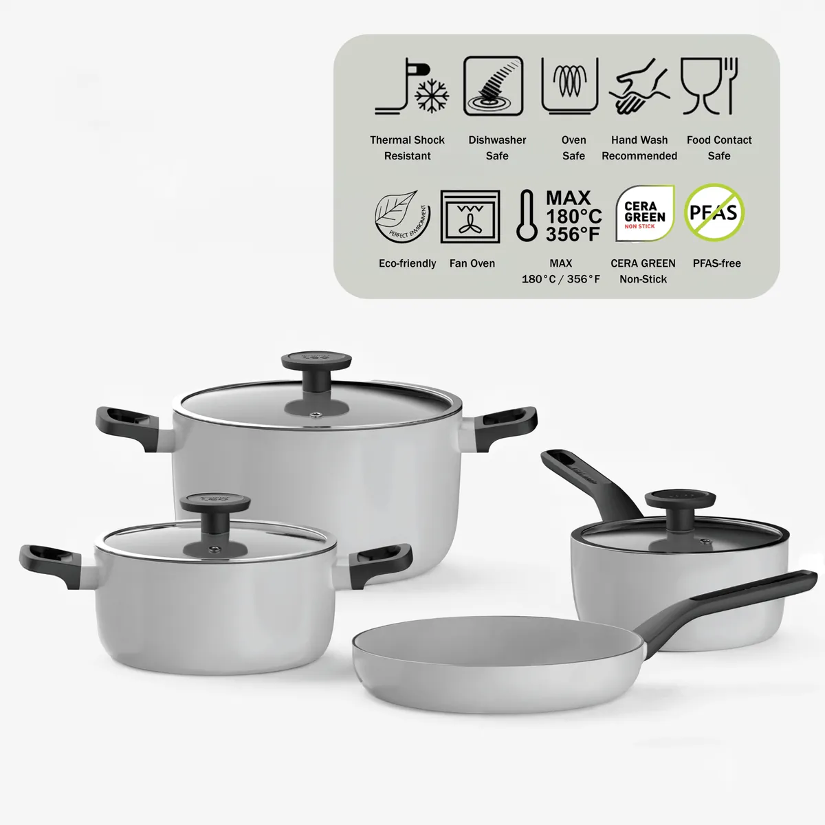 Berghoff Glints Nonstick Ceramic Cookware Set 7-Piece, PFAS-Free Grey