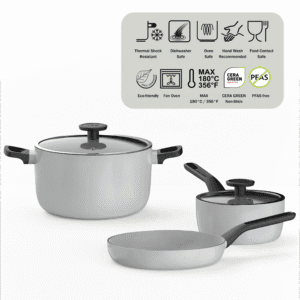 Berghoff Glints Nonstick Ceramic Cookware Set 5-Piece, PFAS-Free, Recycled Aluminium, Pearl Grey