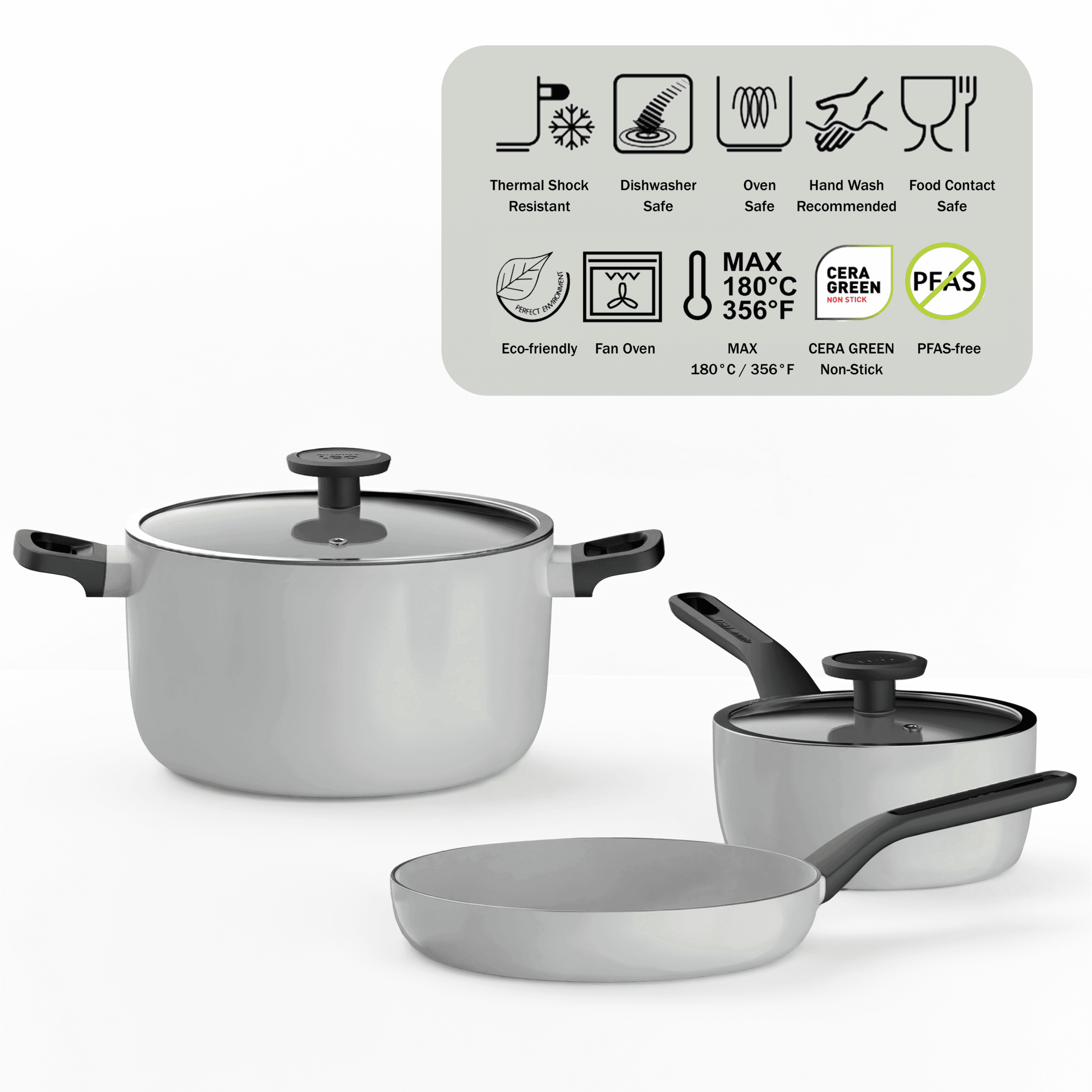Berghoff Glints Nonstick Ceramic Cookware Set 5-Piece, PFAS-Free, Recycled Aluminium, Pearl Grey